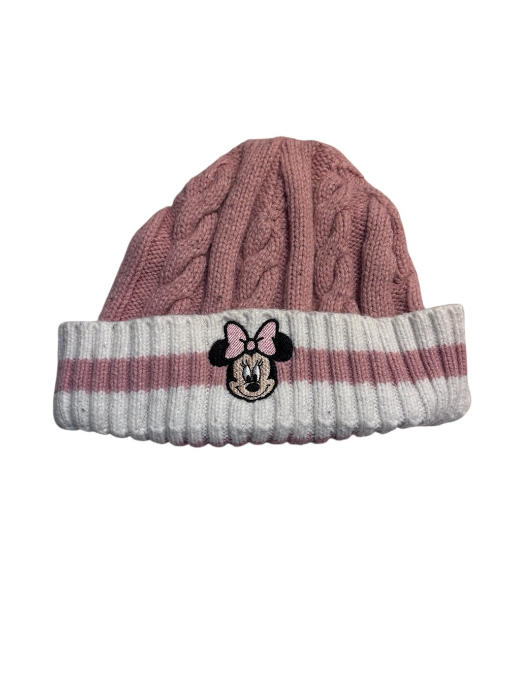 Disney Kids Hat 2T-5T Minnie Mouse Cable Knit Beanie Pink and White